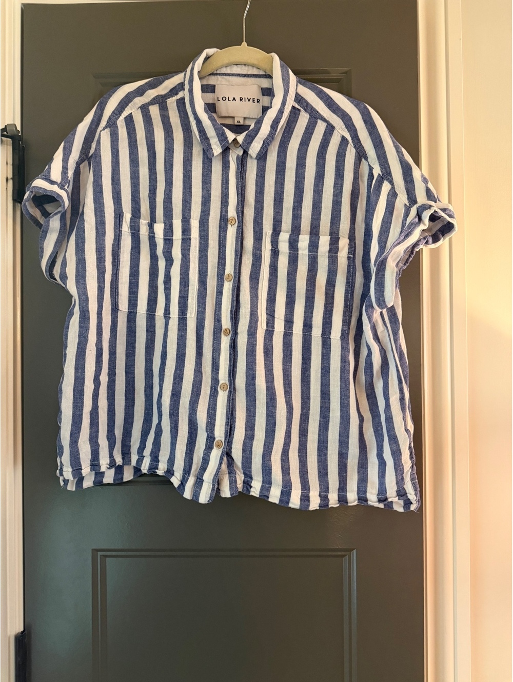 Lola River womans linen Blue and White Striped Linen Tencel Button-Up Shirt
